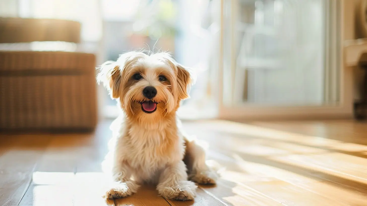 un chien qui est couché sur le sol dans un apartement