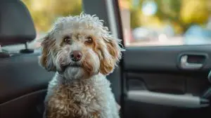dog securely seated for travel in a car
