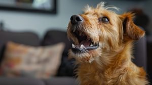 hyperactif and agitated dog look up at his master