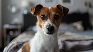 A dog is feeling and expressing fear in an appartment