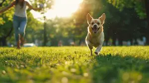 A playful dog running through a green park, happily chasing a ball, with a smiling owner encouraging and enjoying the outdoor activity together.