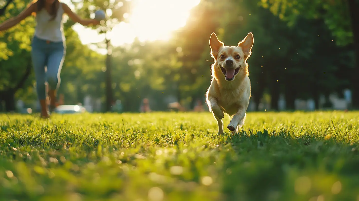 A playful dog running through a green park, happily chasing a ball, with a smiling owner encouraging and enjoying the outdoor activity together.