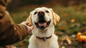 A happy dog sitting attentively, receiving a treat from its owner’s hand, with a toy nearby, capturing the essence of positive reinforcement and training.