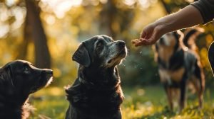 A calm owner rewarding their well-behaved dog with a treat, showing positive reinforcement, while another dog is calmly observing, illustrating effective, non-violent training.