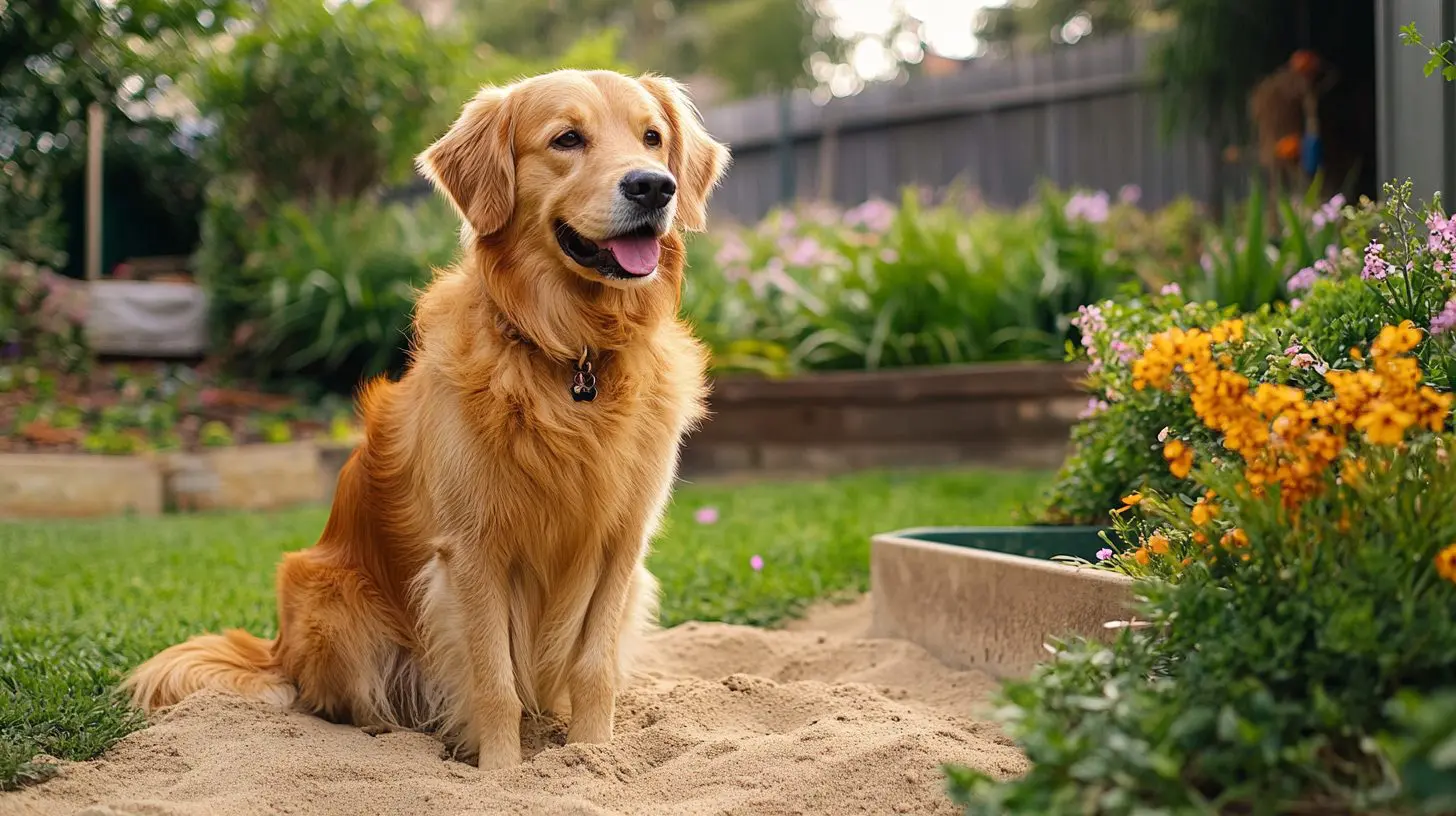 A dog in a well-maintained garden, sitting contently by a sandbox, with lush green grass and blooming flowers, showing no signs of digging.