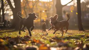 chiens elevés ensemble qui jouent dans un parc