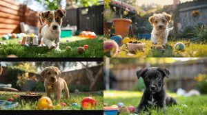 A playful puppy exploring a clean backyard, surrounded by toys and with a food bowl nearby, under the watchful eye of a caring owner ready to intervene.