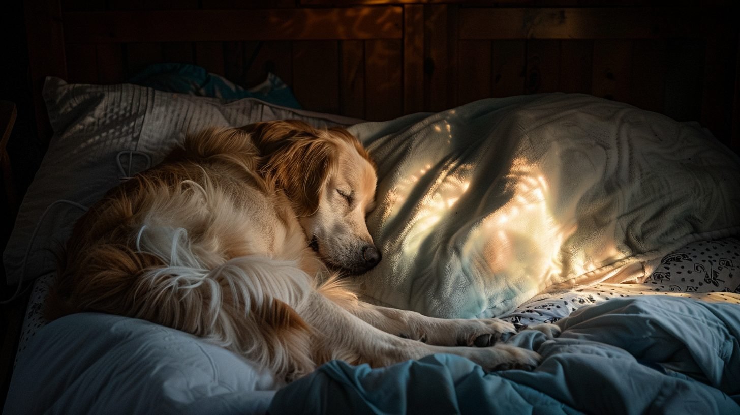 dog sleeping in his master's bed