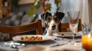 dog smelling food and begging at the dinner table