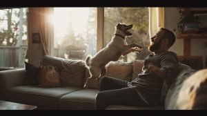 dog jumping happily on his master in the living room