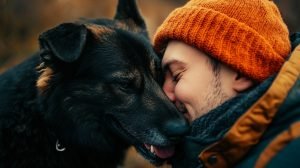 a dog licking its owner with affection