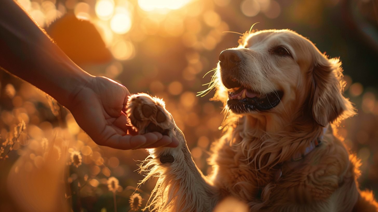 un maitre donne l'ordre à son chien de donner la patte