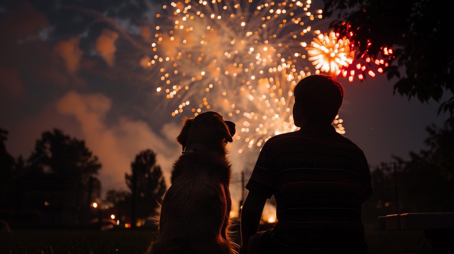 dog staying calm watching fireworks