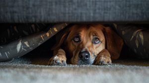 dog cowering in fear under the couch