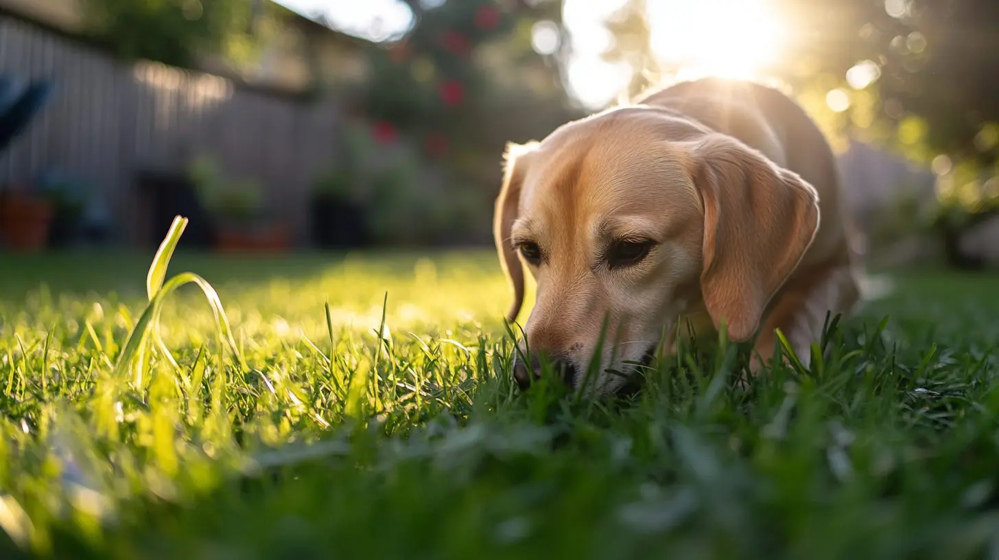 A dog calmly munching on fresh green grass in a sunny backyard, with a curious expression