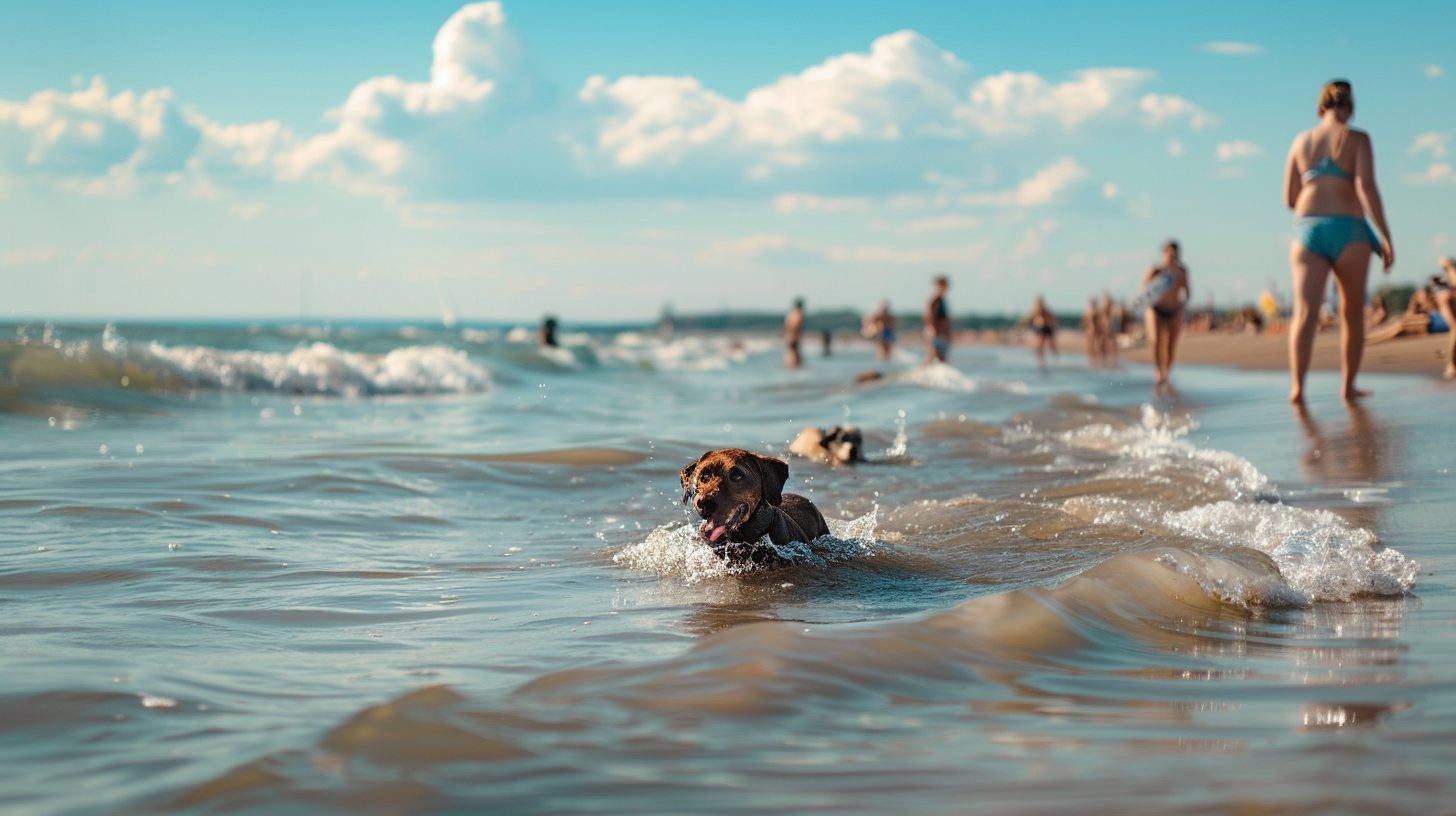 chien qui apprend à nager à la plage