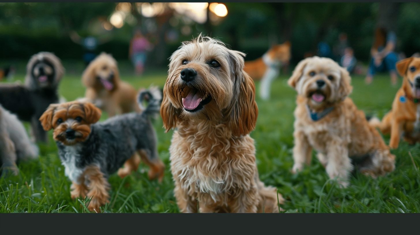 popular dog breeds happily interacting in park