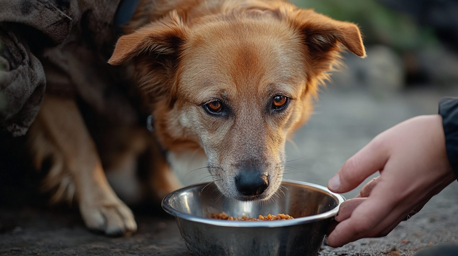 A dog growling while guarding its food bowl, eyes wary and tense, as a hand cautiously approaches, highlighting the challenge of resource guarding.