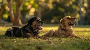 A dog calmly lies down, yawning, while another dog approaches slowly with a lowered head and wagging tail, demonstrating mutual calming signals in a park.