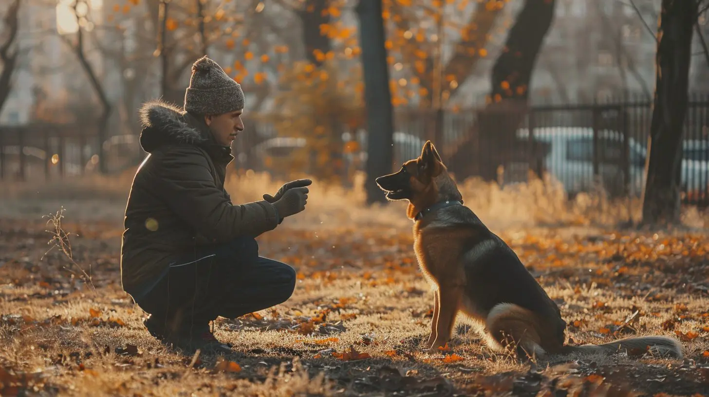 un maître chien qui intéragi avec son chien