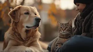 A dog and a cat sitting together, the dog looking affectionately at its owner while the cat calmly rests nearby, illustrating their unique bonds with humans.