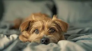 dog peed and in bed and is looking guilty