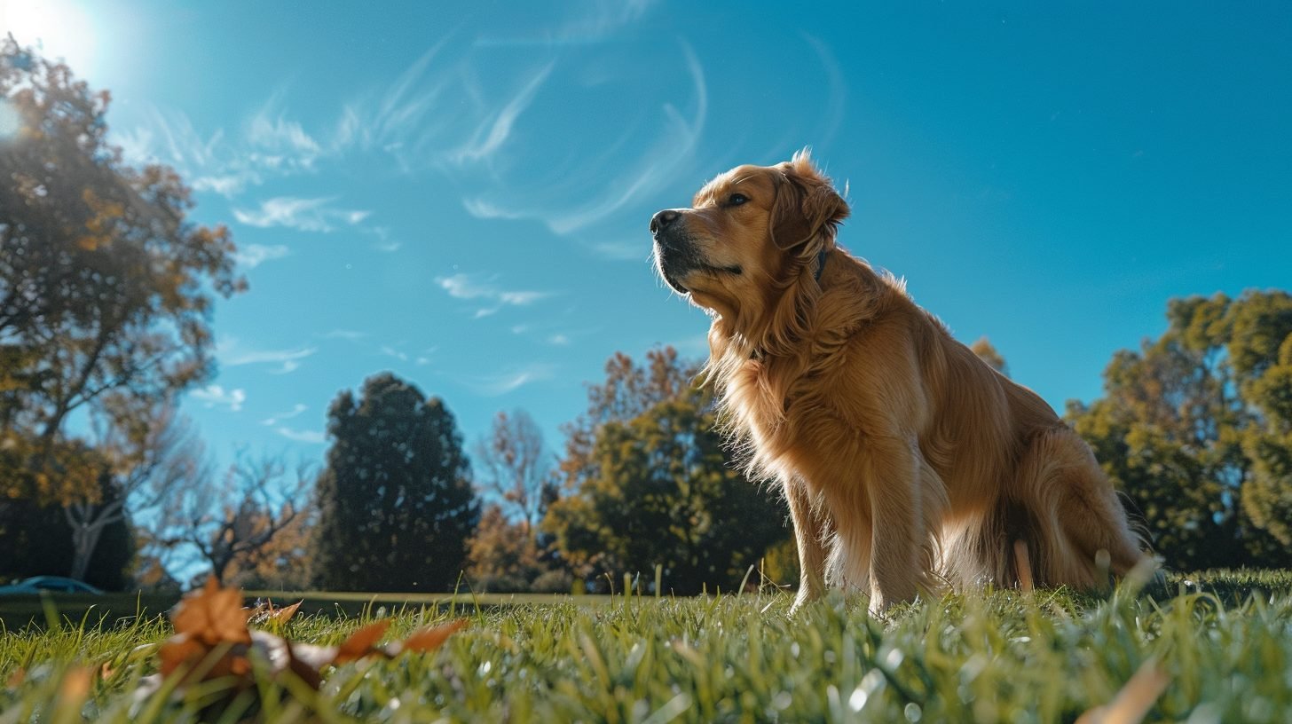 A dog turning in circles on a grassy lawn, tail wagging, preparing to relieve itself, with a clear blue sky and trees in the background.