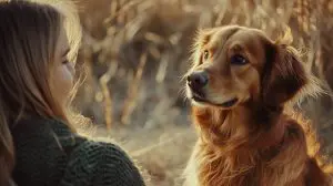 A dog tilts its head curiously while looking at its owner, who speaks gently, capturing a moment of attentive connection and mutual understanding.