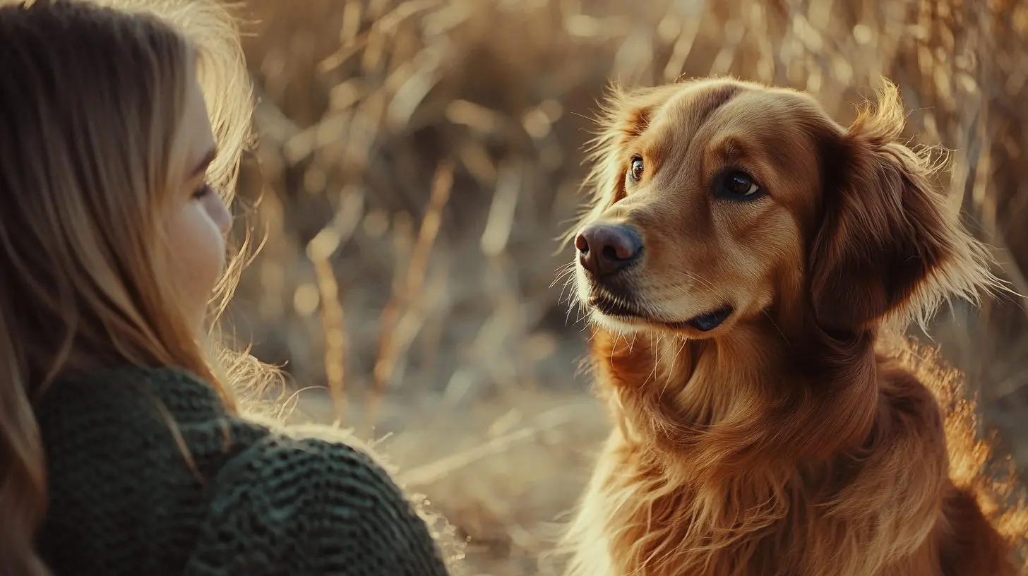 A dog tilts its head curiously while looking at its owner, who speaks gently, capturing a moment of attentive connection and mutual understanding.