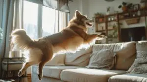 dog jumping excitedly on couch