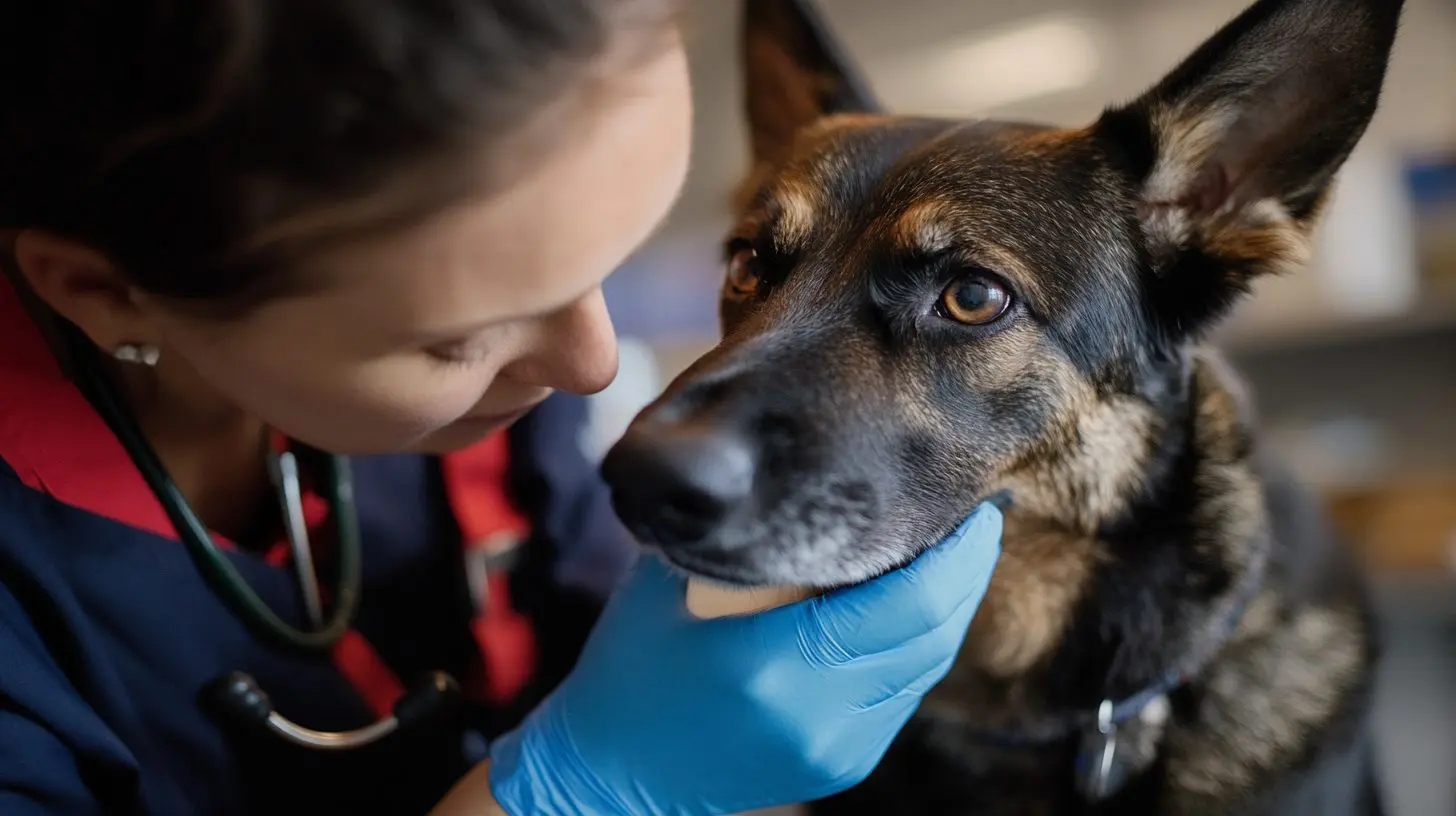 Close up of a vet tending to a dog's eyes