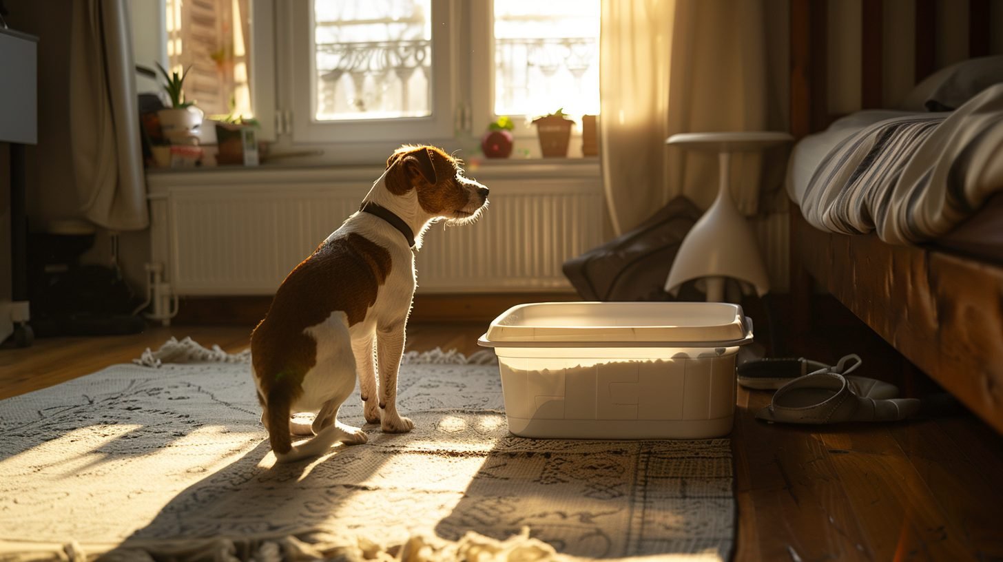 dog walks up to litterbox of the house cat and feels curious