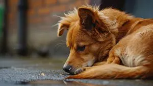 A brown and white dog curled up, intently looking at its tail, showcasing a moment of self-awareness and curiosity.