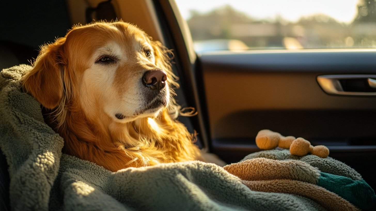 A calm dog sitting in a well-lit car, looking relaxed, with a cozy blanket and a chew toy nearby, while the car is parked under shade on a clear day